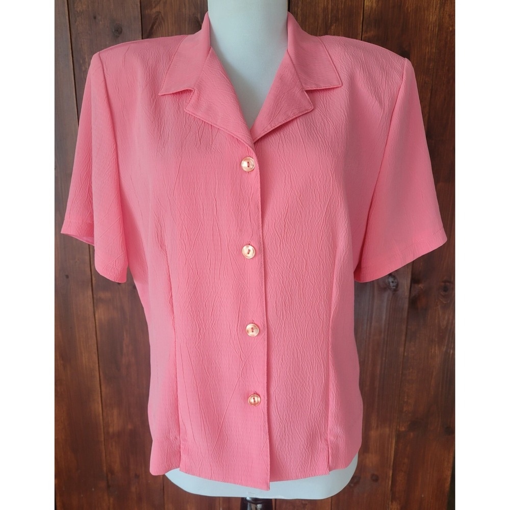 Vintage 80s Women 10 Pink Texture Button up Blouse‎ Shoulder Pad Retro Business